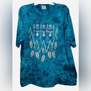Vintage 90s Lynee Apparel Native American Tie Dye T Shirt Navajo Turquoise XL